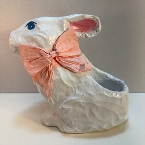 Vintage 1993 Easter Bunny Planter Pot Paper‎ Mache White Pink Bow Scarf Spring